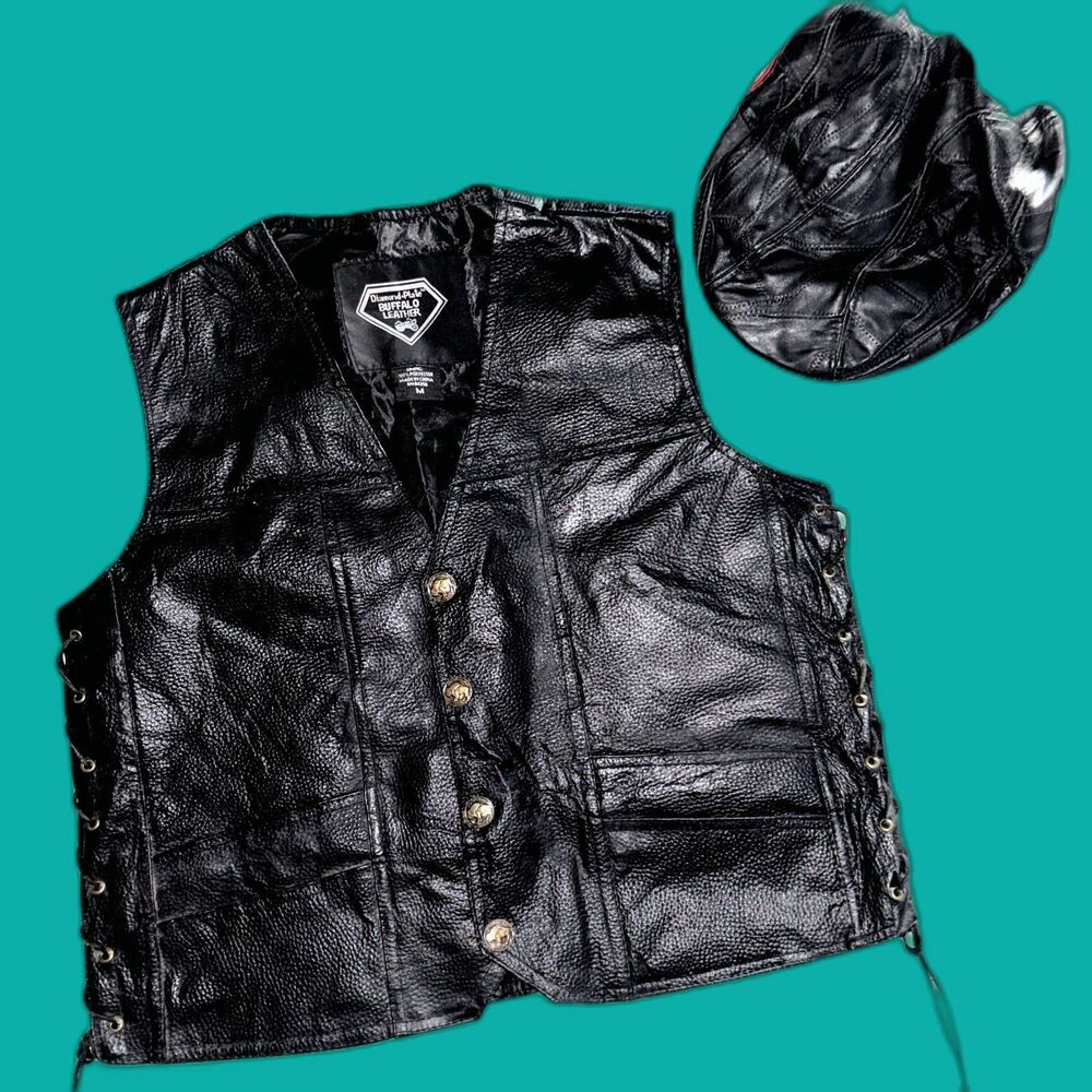 Diamond Plate Buffalo Leather Vest Mens Size Medium and Leather Cap